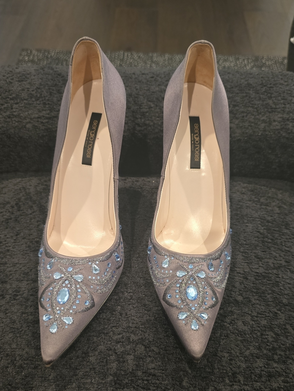 Sergio Rossi Gray Pumps with Blue Crystal Embellishment